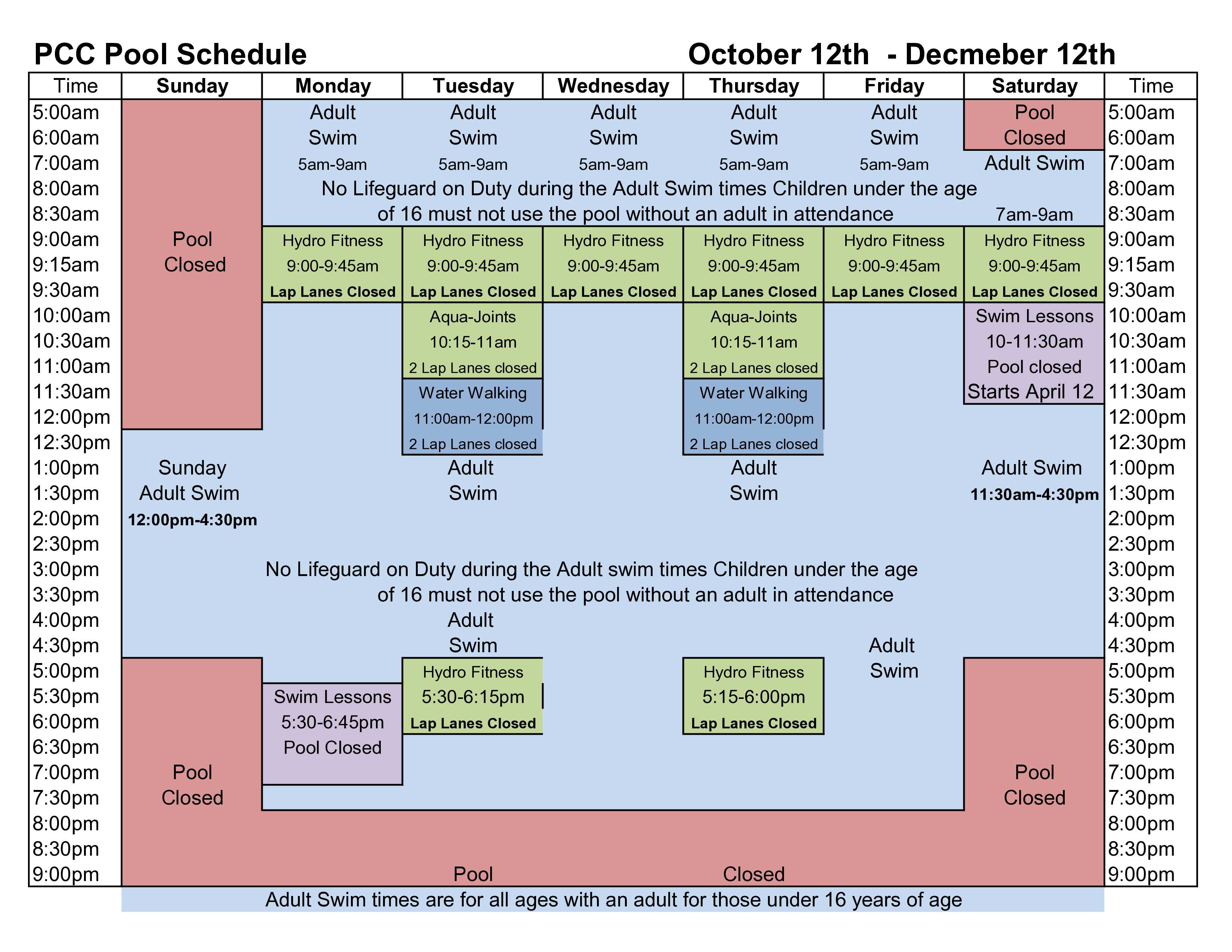 Spring 2026 pool schedule